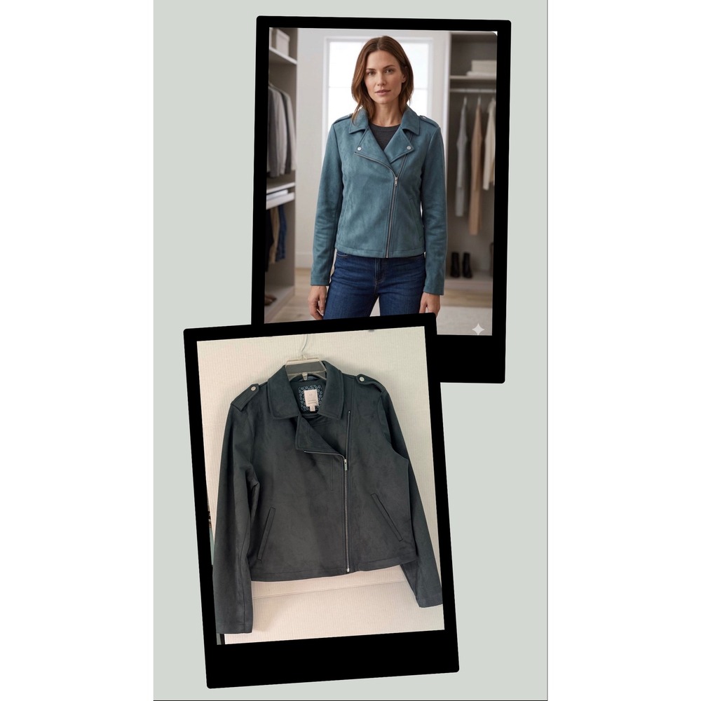 LC Lauren Conrad Women Faux Suede Moto Chic Jacket Teal Blue L Asymmetric Zip